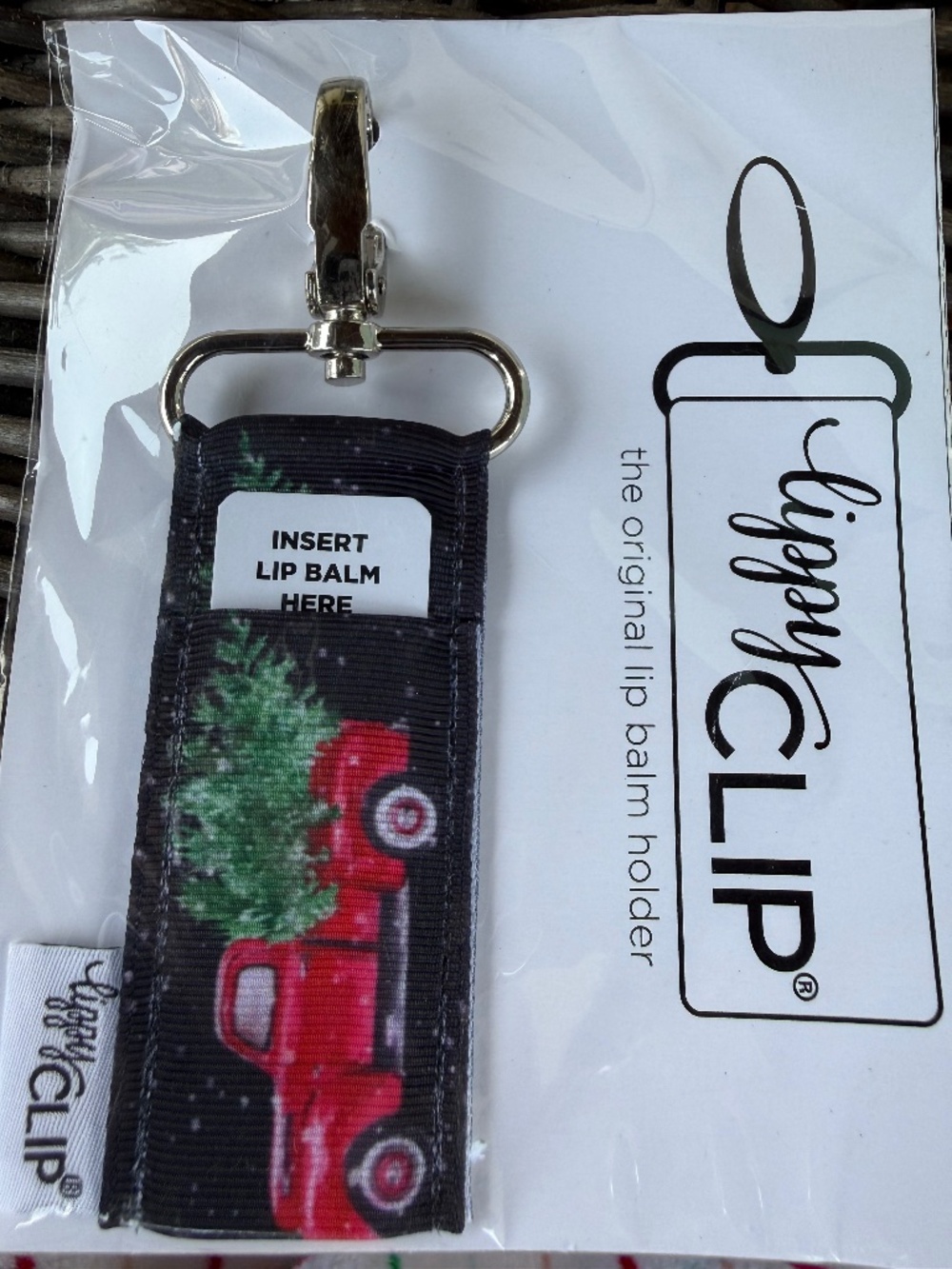 LippyClip Christmas Red Truck Tree Lip Balm Holder Keychain-NEW